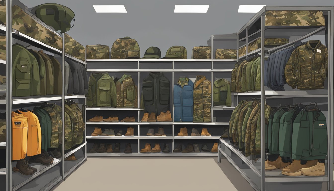 A display of youth hunting clothes at Fleet Farm, with camo jackets, pants, and boots arranged on shelves for easy access