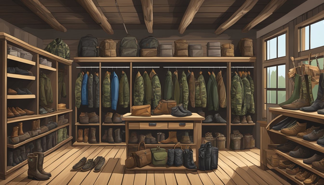 A young hunter's wardrobe: camo jackets, boots, and accessories displayed in a rustic hunting supply store