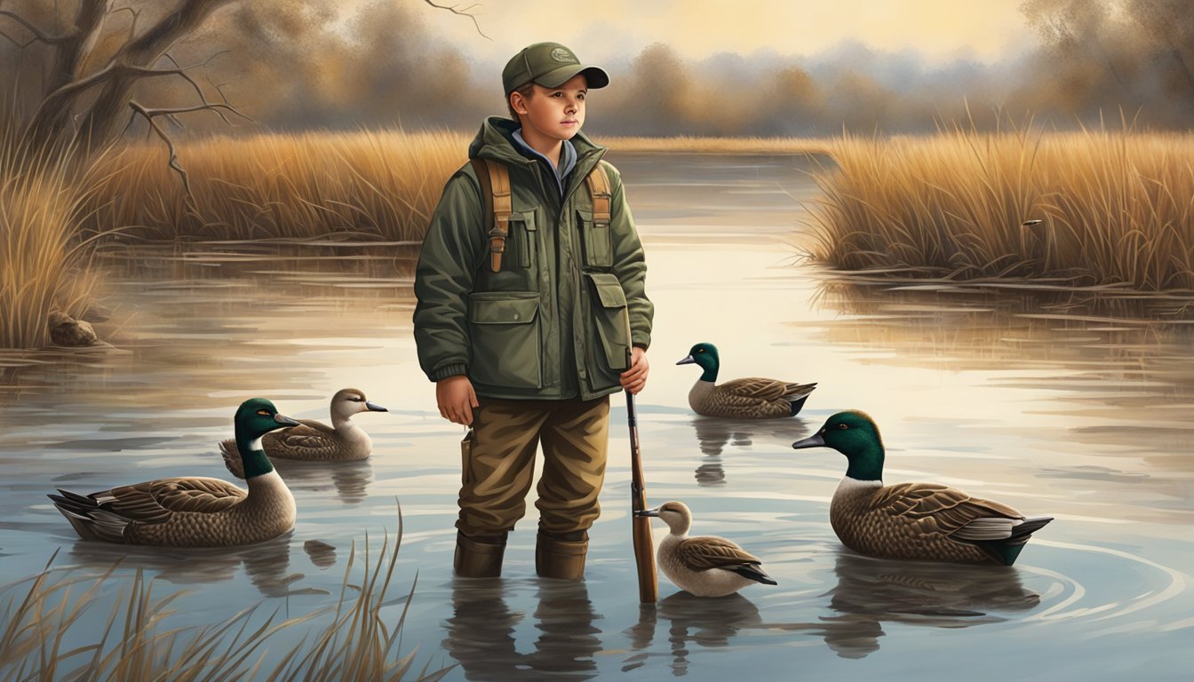 A young hunter wearing a drake youth hunting jacket stands in shallow water surrounded by waterfowl