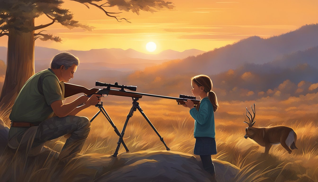 A young girl carefully selects a rifle from a display, while an experienced hunter watches and offers guidance. The sun sets in the background, casting a warm glow over the scene