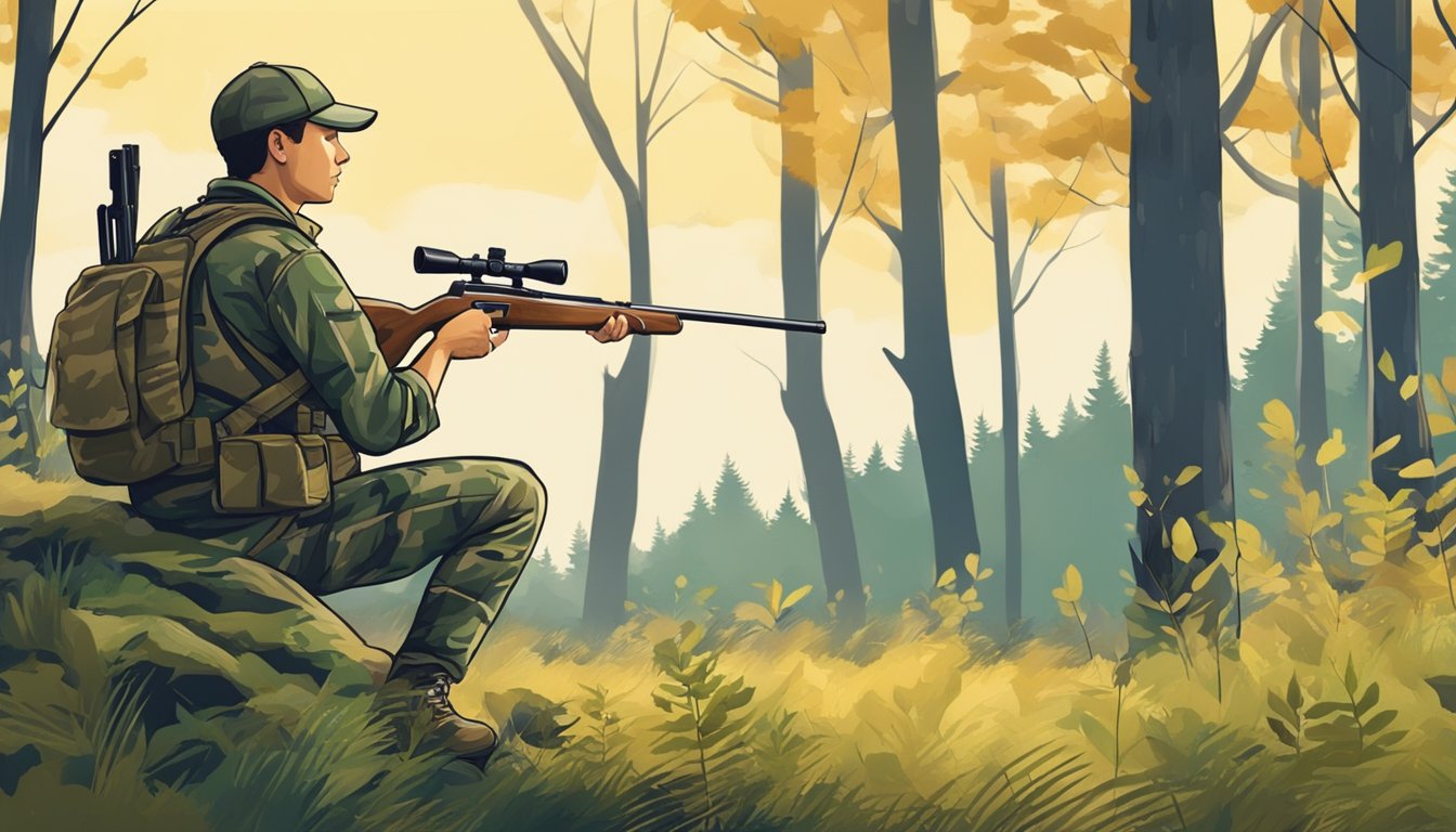 A young hunter wearing camouflage bibs crouches in a forest clearing, rifle in hand, scanning the horizon for game