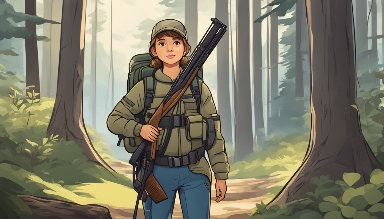 A young girl stands in a forest, holding a rifle and wearing hunting gear. Nearby, a backpack contains essential shooting accessories