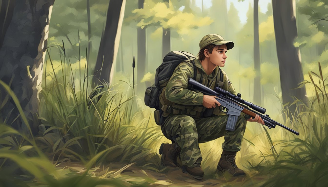 A young hunter in camouflage bibs crouches in a forest, rifle at the ready, surrounded by tall grass and trees