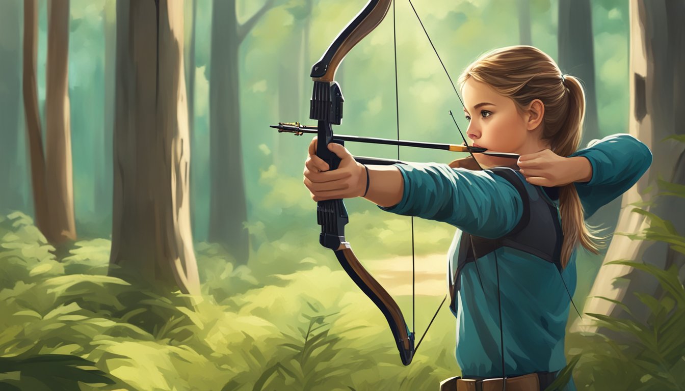 A young girl practices her shooting skills in a wooded area, aiming at targets with a bow and arrow