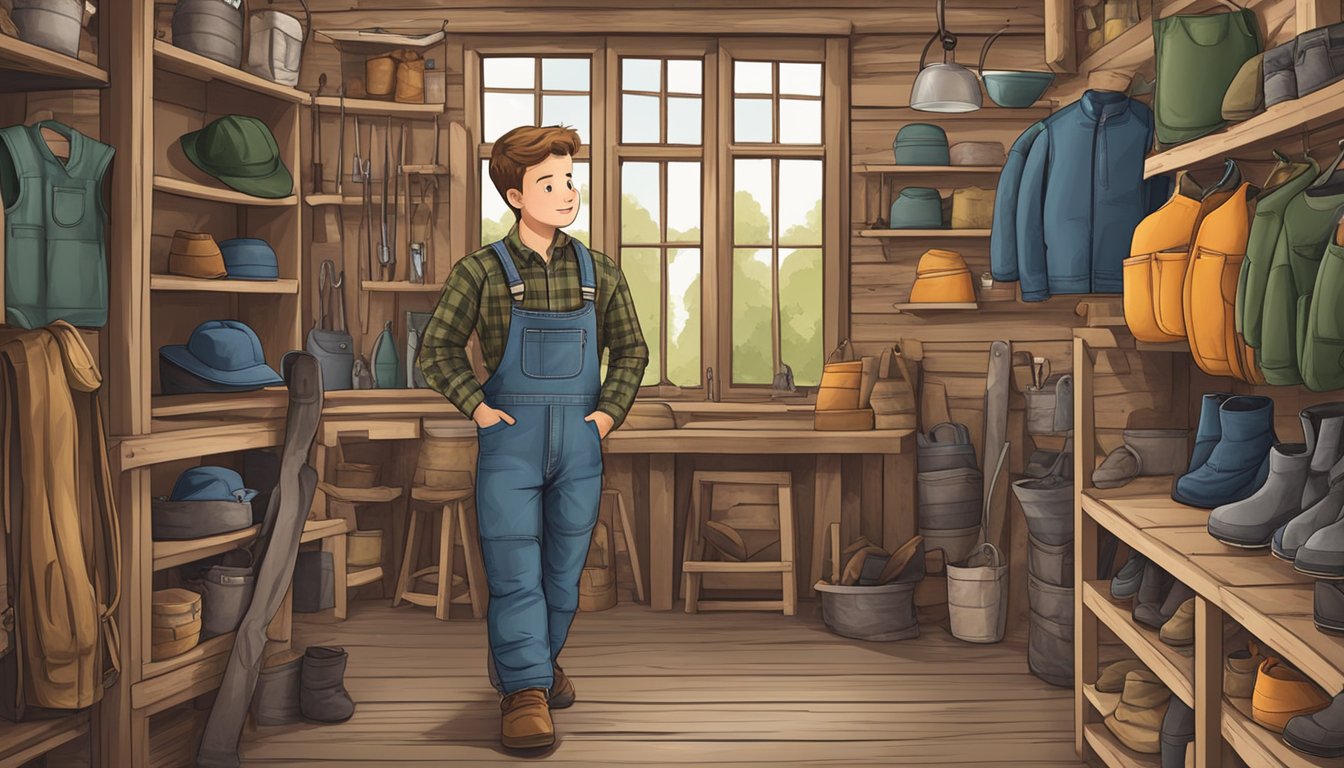 A young hunter tries on different sizes of bib overalls in a rustic outdoor store