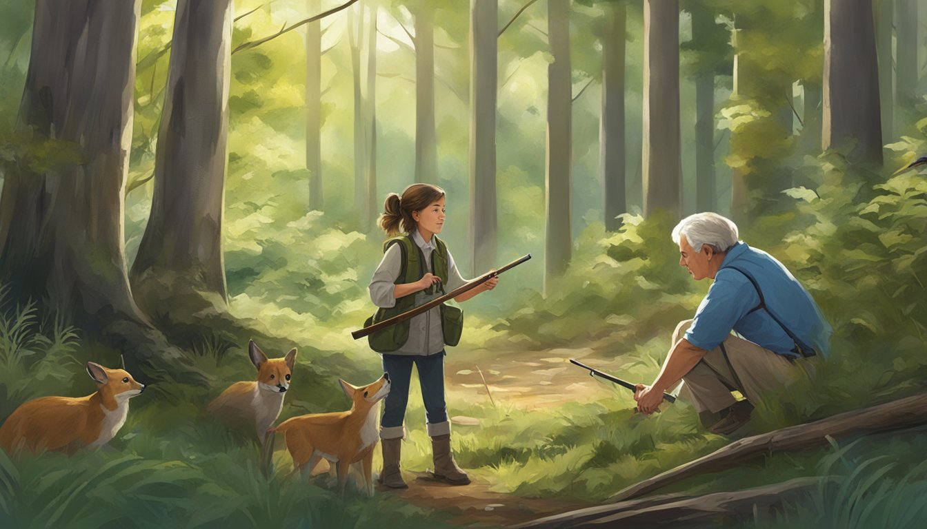 A young girl learning hunting ethics from an elder in a forest clearing