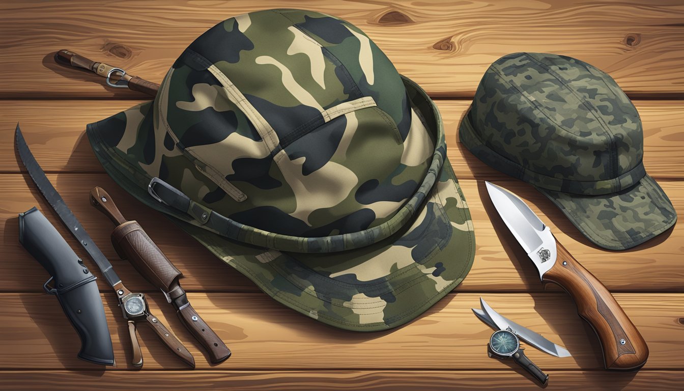 A pair of hunting bibs, a camouflage hat, and a hunting knife laid out on a wooden table