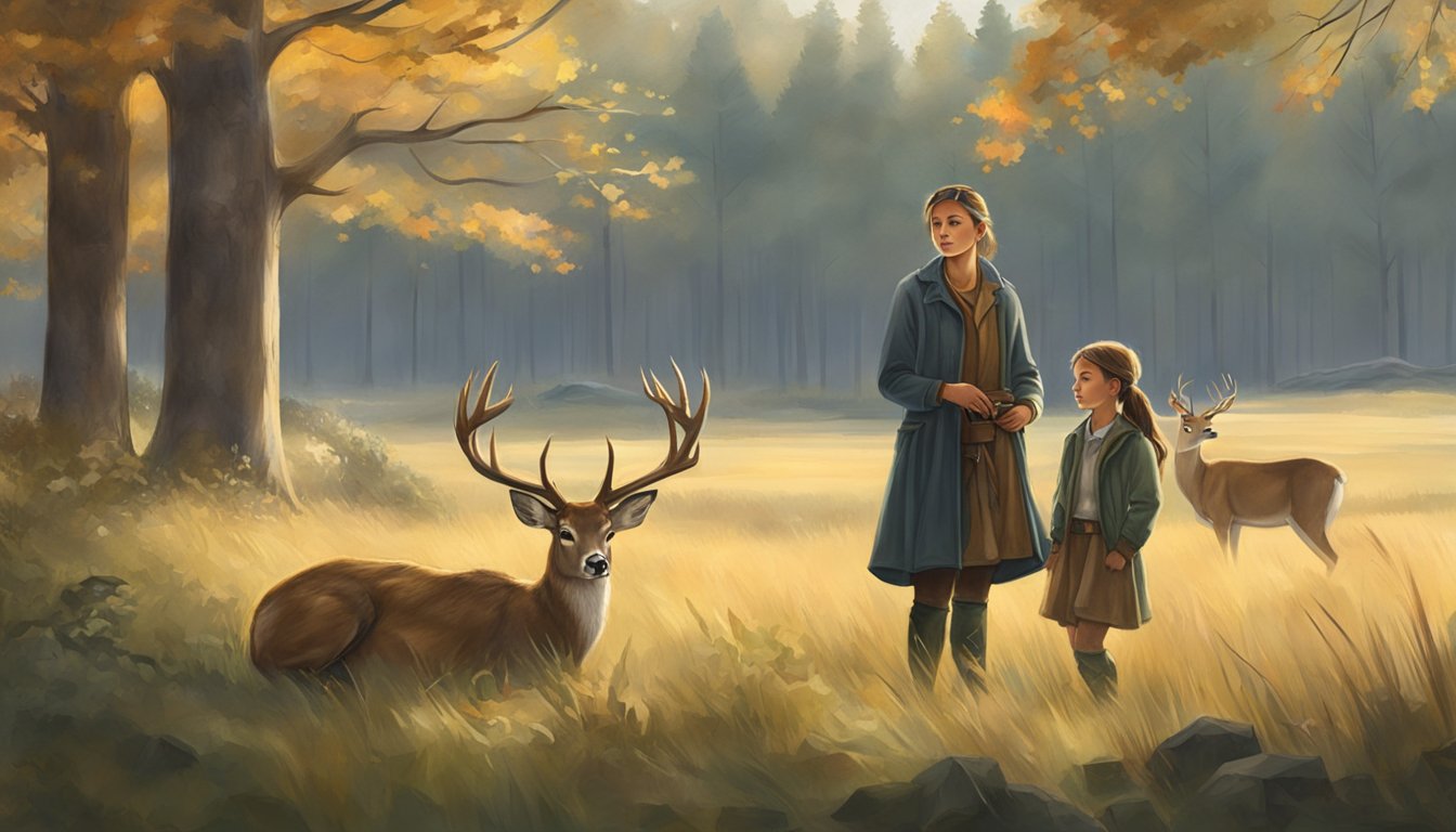 A young girl expertly field dresses a deer while her mentor looks on, surrounded by the peaceful setting of the hunting grounds