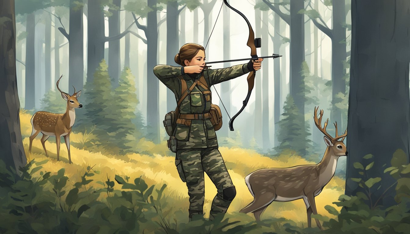 A young girl in camouflage stands in a forest, aiming her bow at a deer. Other targeted species roam in the background