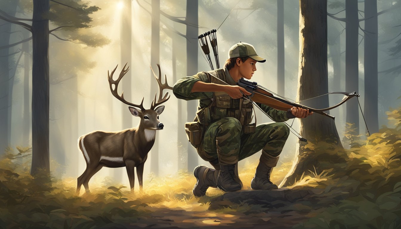 A young hunter wearing camo bibs crouches in a forest, aiming a bow at a deer. The sun filters through the trees, casting dappled light on the scene