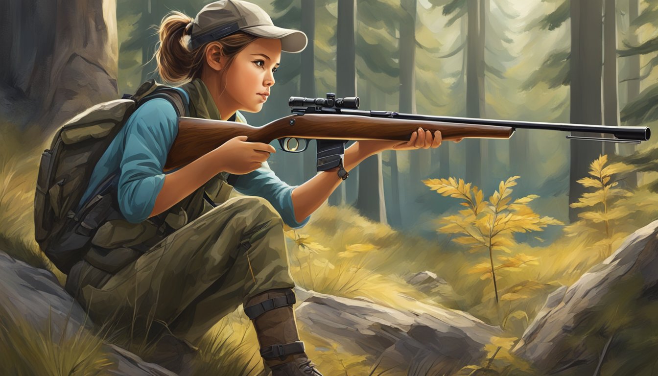 A young girl using advanced hunting techniques in the wilderness