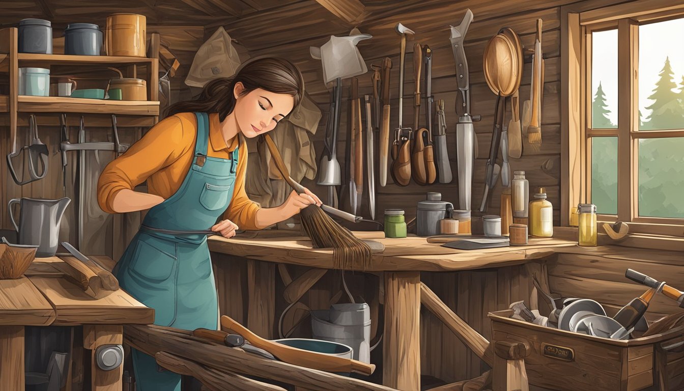 A young girl carefully cleans and organizes her hunting equipment in a rustic cabin