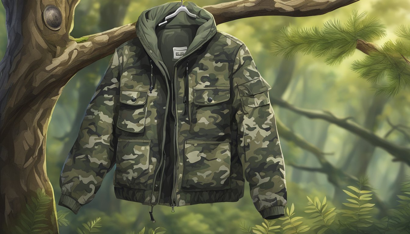 A camouflaged youth hunting jacket and pants hanging on a tree branch in a dense forest setting