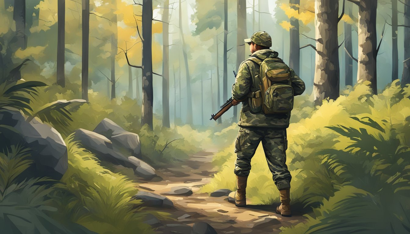 A young hunter in camouflage clothes blending into the forest, carrying a rifle and scanning the area for game