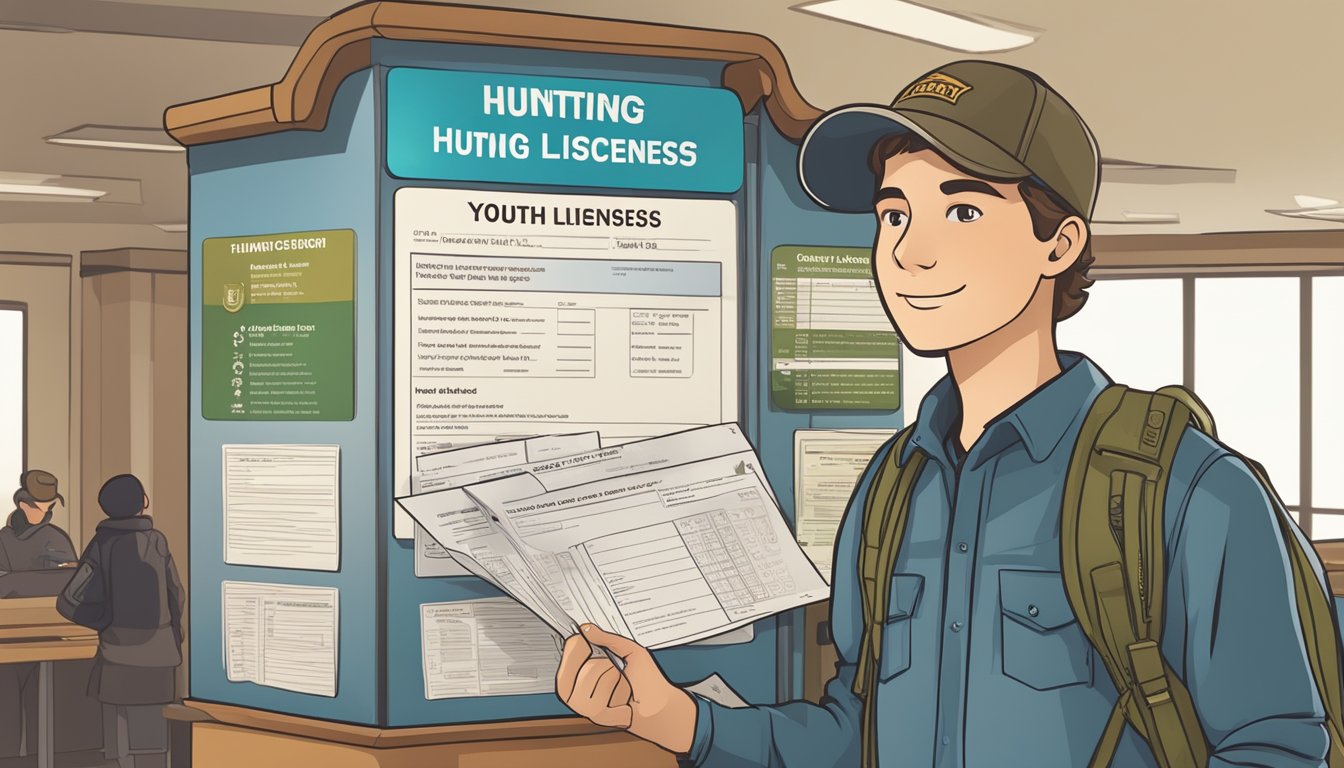 A young person holding a hunting license application form, standing in front of a sign displaying the various fees and structures for youth hunting licenses