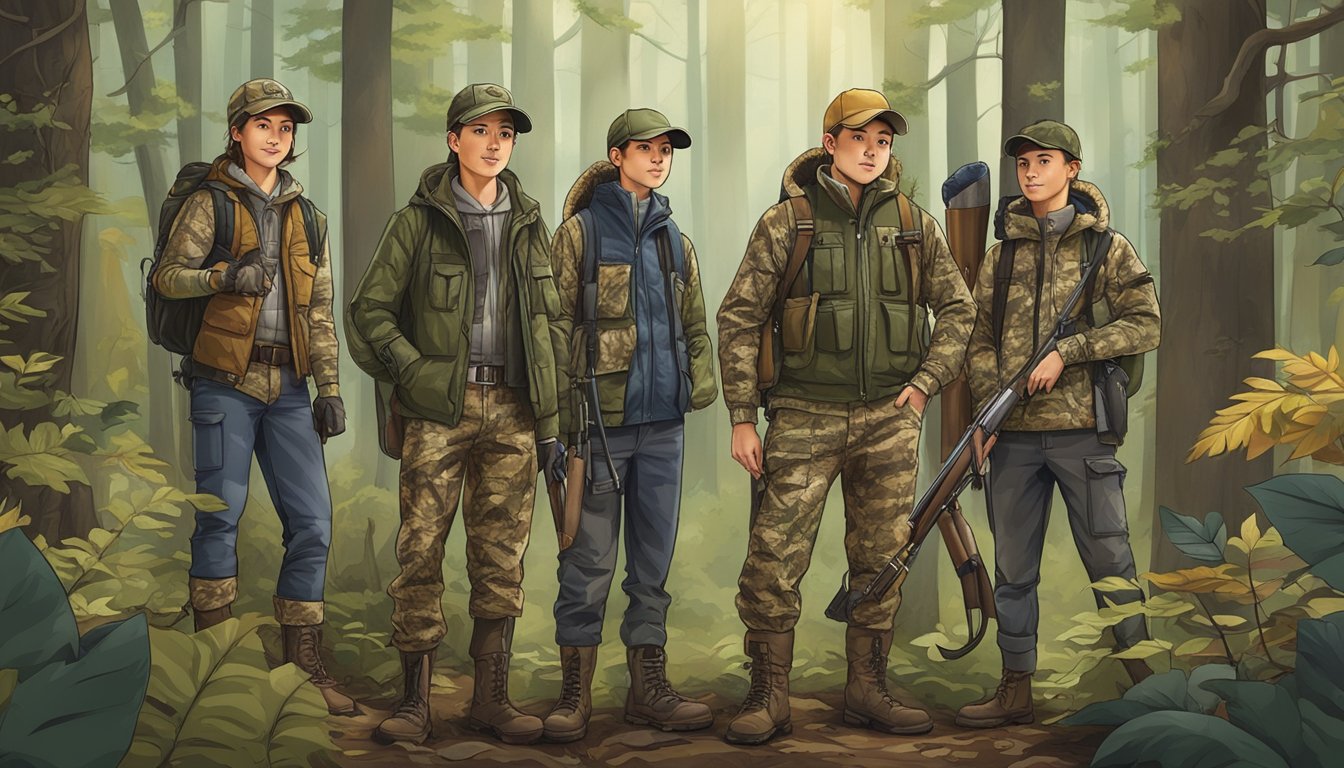 A group of youth hunting clothing brands displayed on a woodland-themed backdrop with camouflage patterns and hunting gear