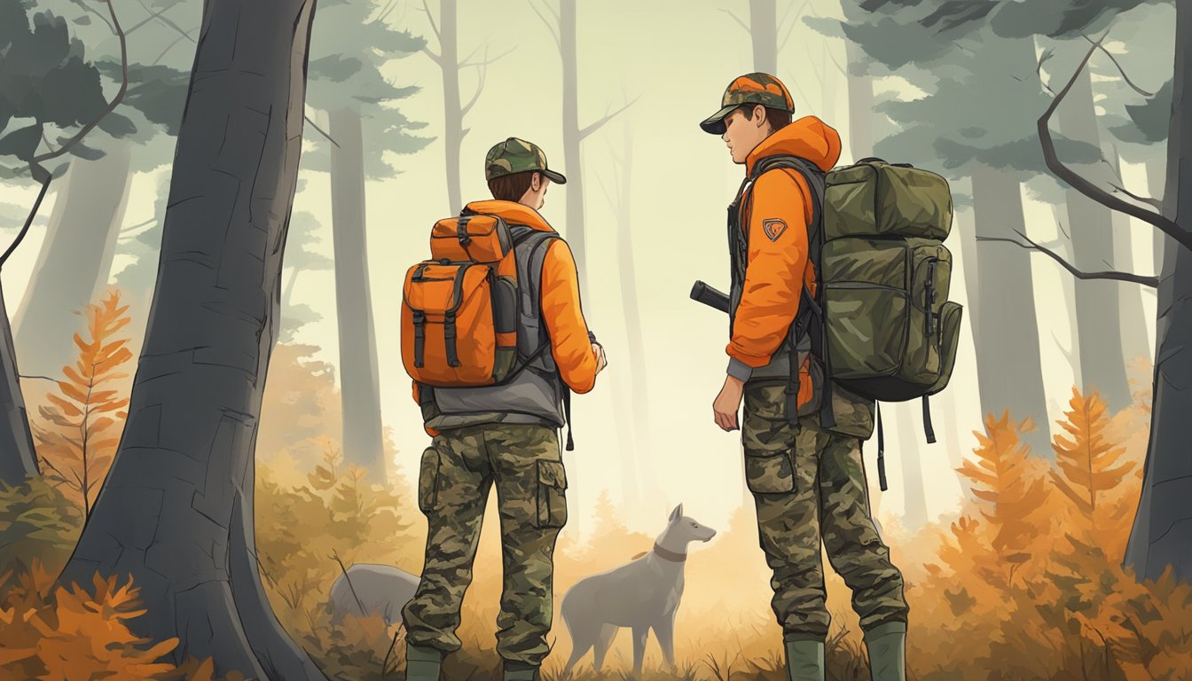 A young hunter stands in a forest clearing, wearing camouflage pants, a blaze orange hunting vest, and a camo baseball cap. A backpack and binoculars are slung over their shoulders