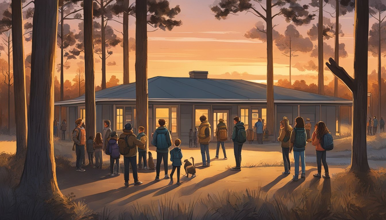 A group of young people gather around a wildlife education center, eagerly asking about the cost of youth hunting licenses. The sun sets behind the trees, casting a warm glow over the scene