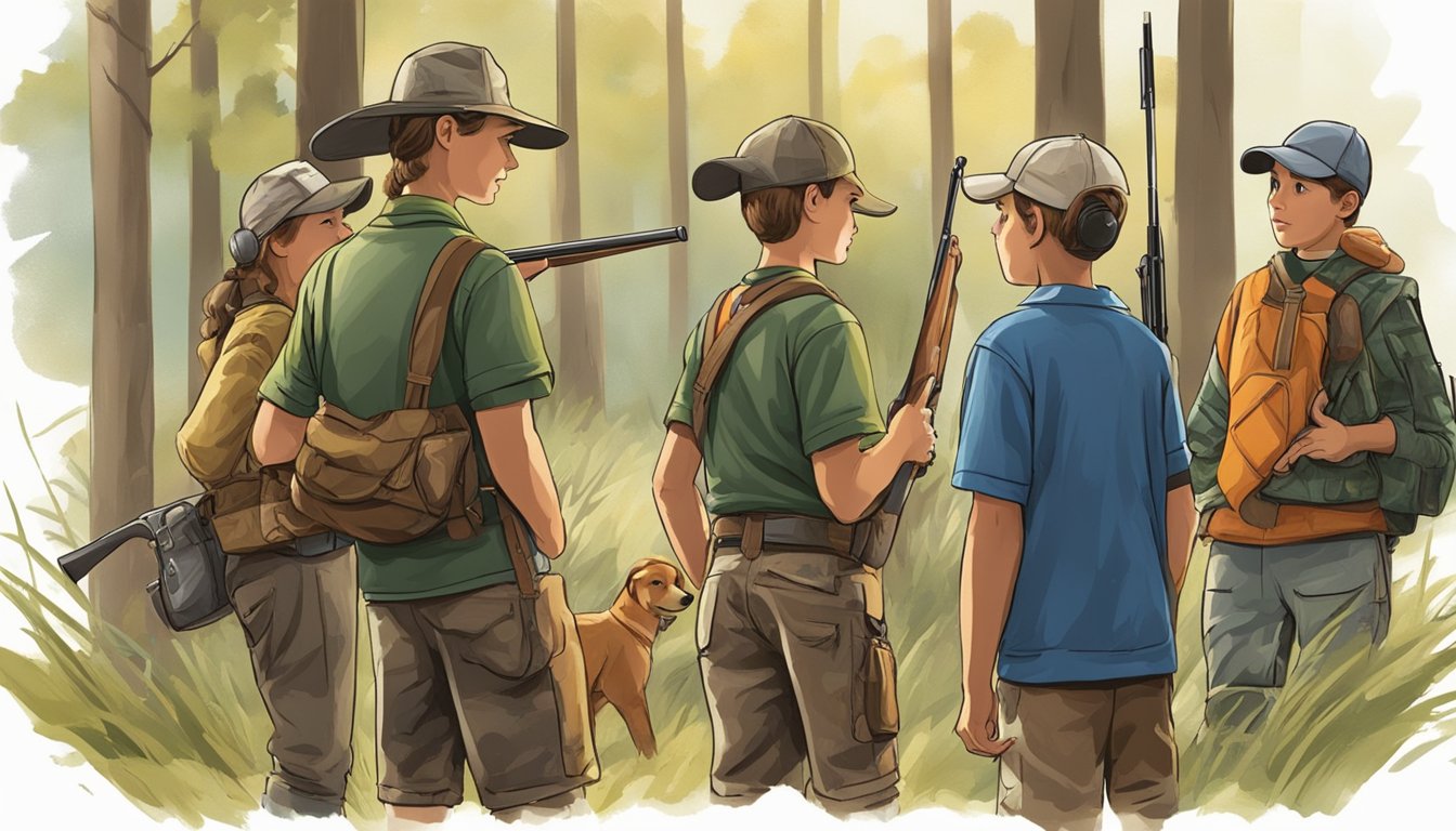 A group of young hunters eagerly listening to an instructor explaining the age requirements for youth hunting