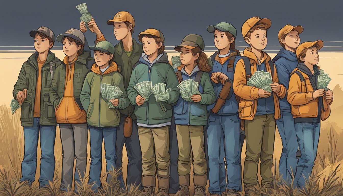 A group of young hunters eagerly wait in line at a state wildlife office, holding cash and identification, while a sign displays the cost of youth hunting licenses