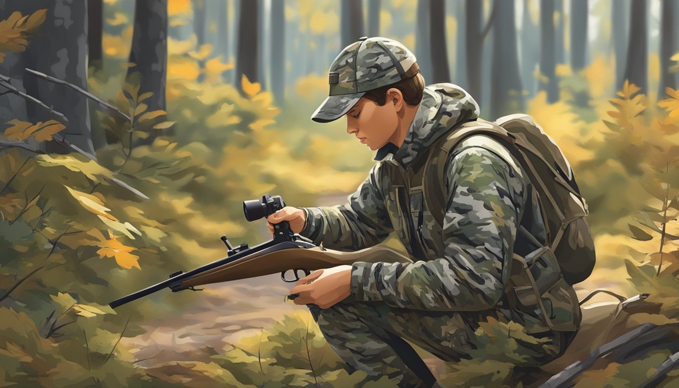 A young hunter in camouflage clothing carefully checks their gear before heading out into the woods