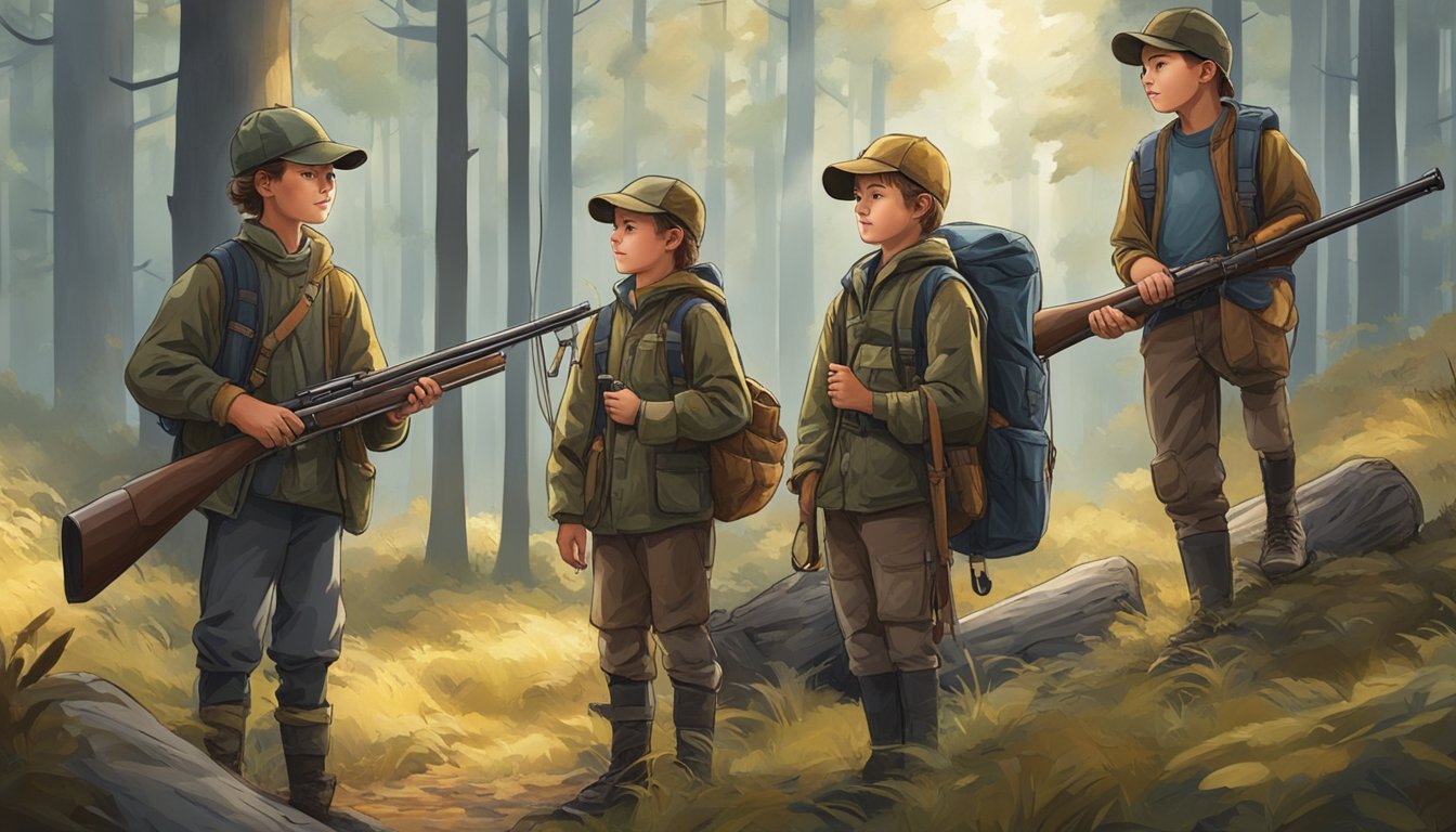 A group of young hunters, ranging in age from 10 to 17, stand in a forest clearing with their gear, eagerly preparing for a day of hunting