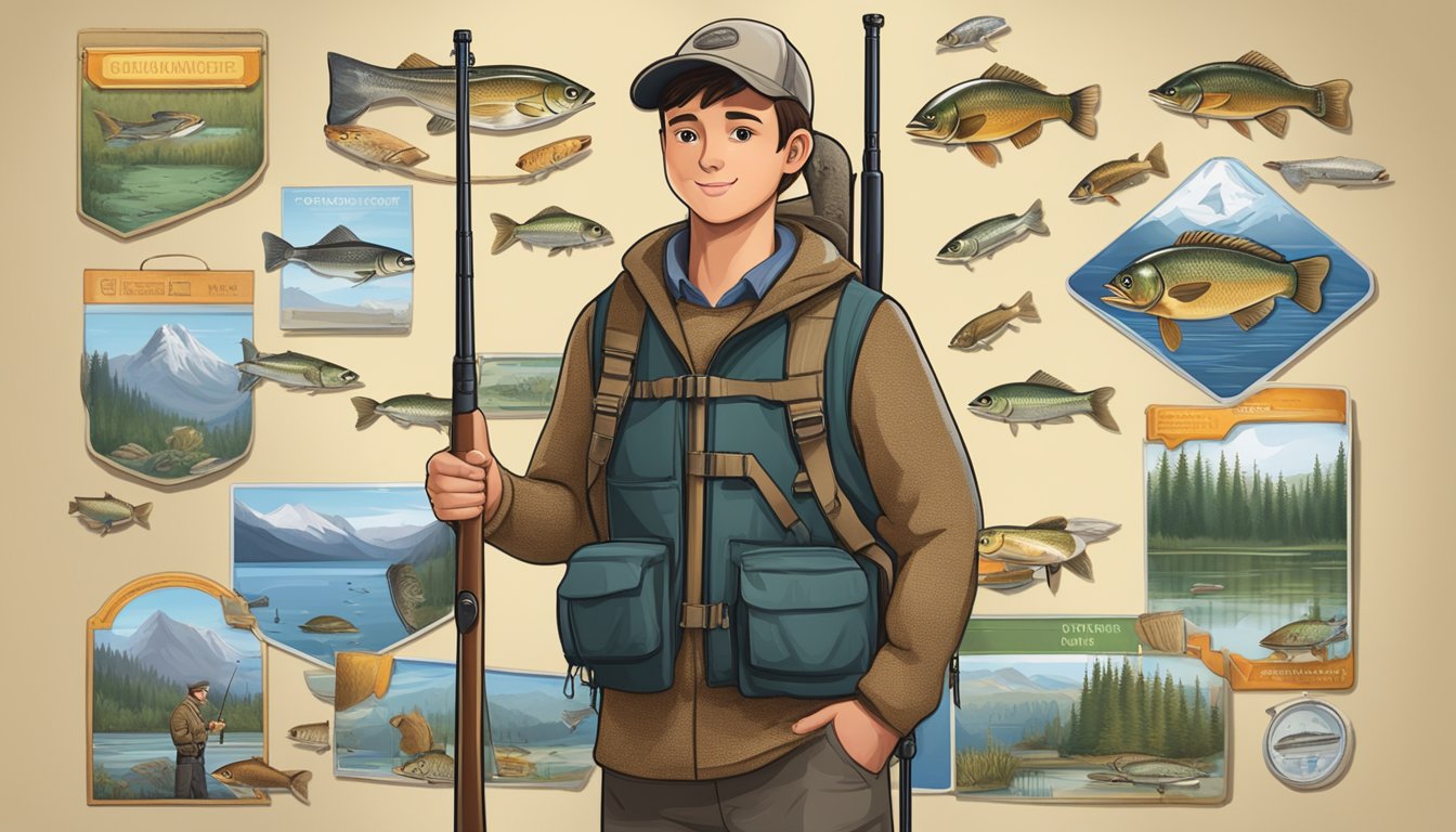 A young person holding a fishing rod and a hunting rifle, standing in front of a sign displaying various combination licenses and bundle options