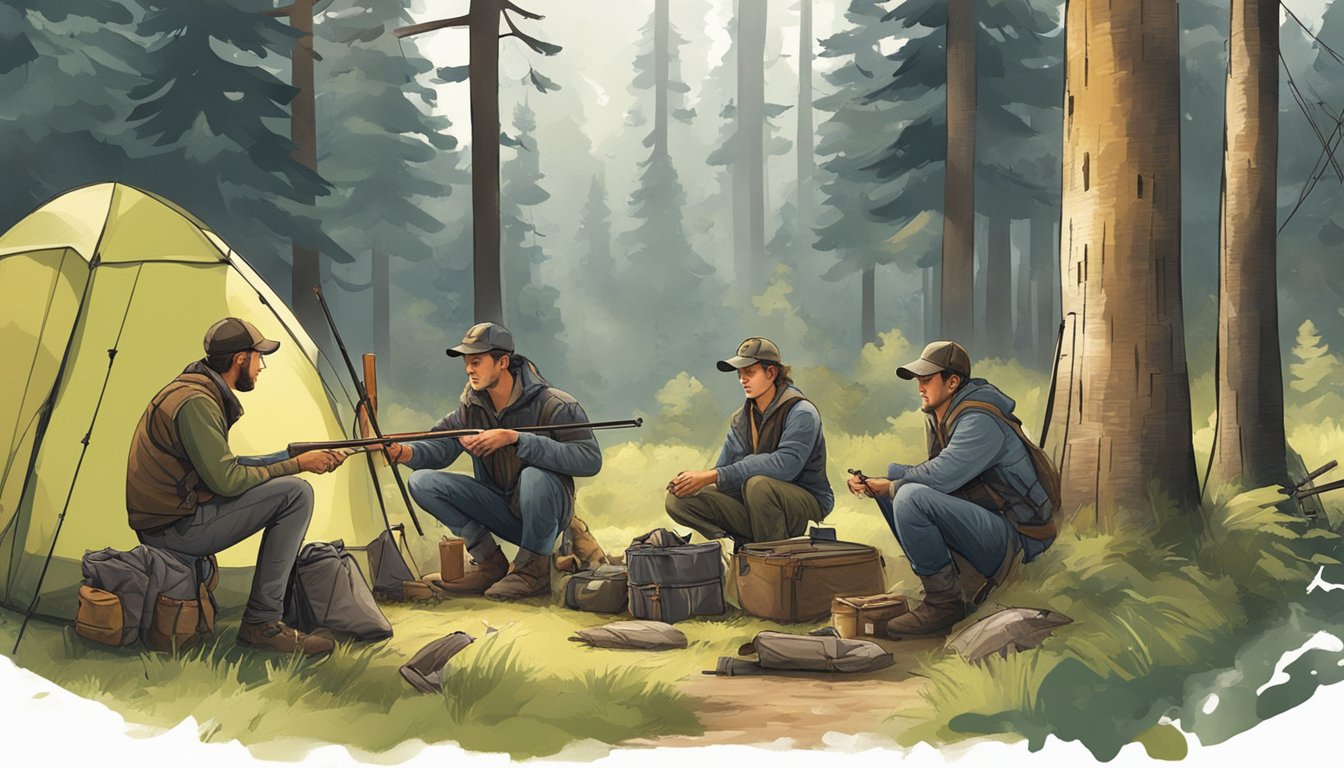 A group of young hunters, accompanied by adult mentors, setting up camp in a forest clearing. They are unpacking gear and discussing hunting regulations