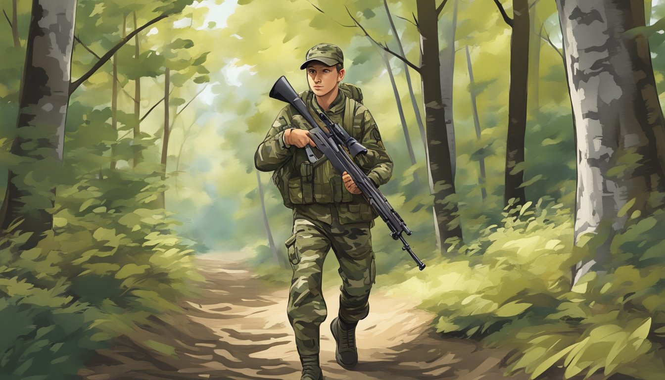 A young hunter in camouflage attire, carrying a rifle, walking through a wooded area