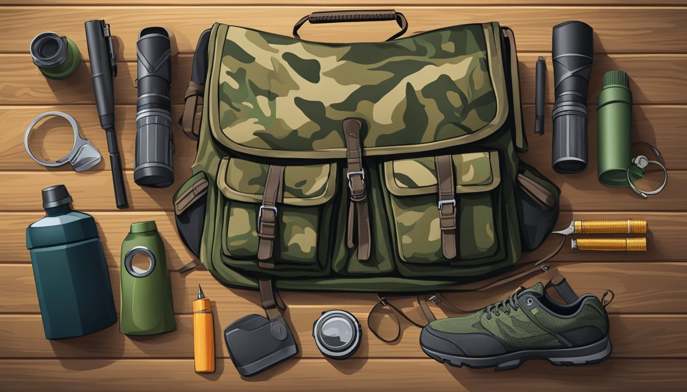 A young hunter's backpack, rifle, and camouflage clothing laid out on a wooden table, ready for a day in the woods