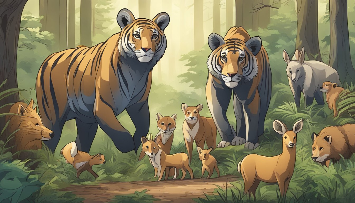 A group of young animals exploring the forest, with their parents teaching them how to hunt for the first time