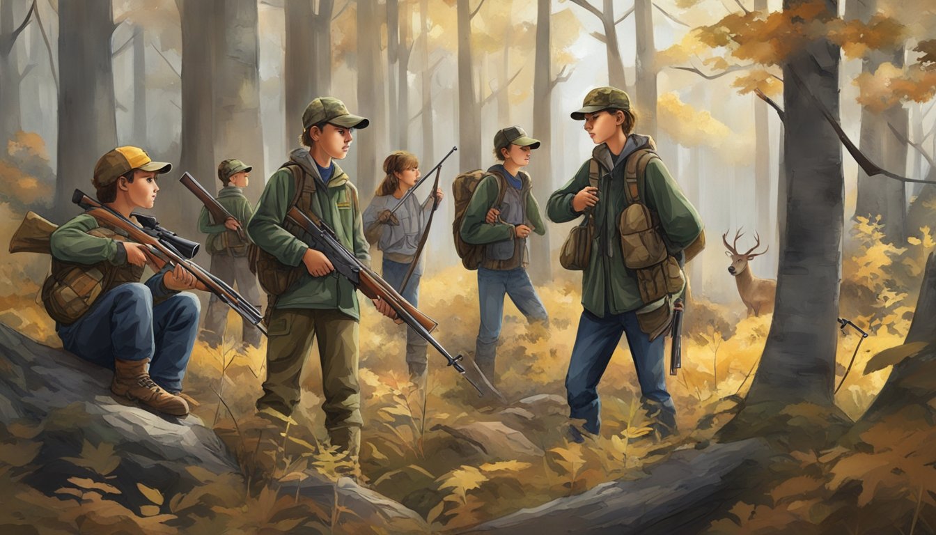 A group of young hunters, ages 12-17, gather with mentors in a wooded area. They hold rifles and wear camouflage gear, eagerly preparing for a day of hunting