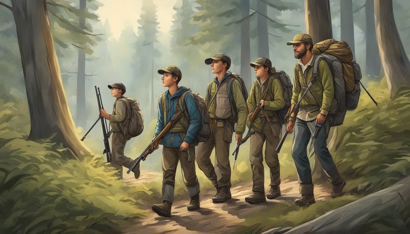 A group of young hunters, accompanied by adult mentors, trek through a forest carrying their gear and rifles, eager for a safe and successful hunting experience