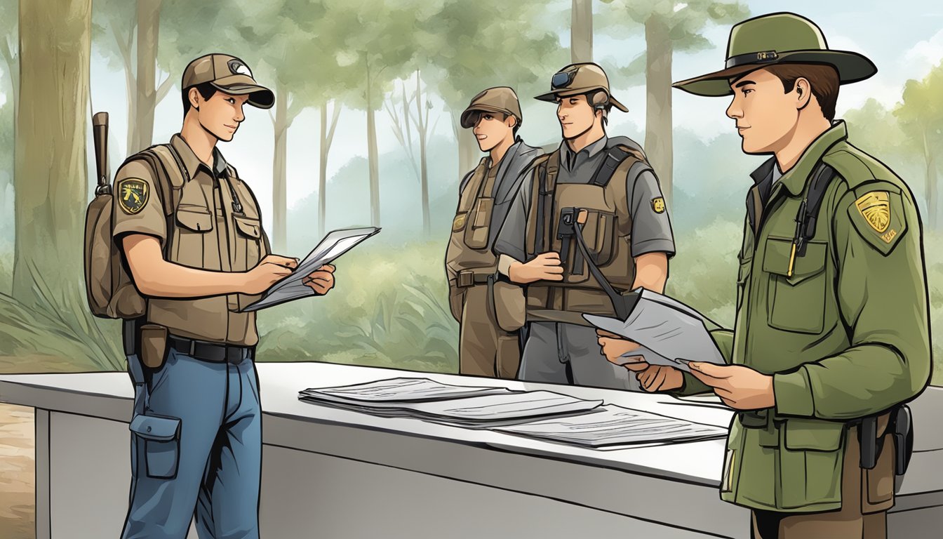 A young hunter holding a license application form, standing next to a wildlife officer at a registration desk