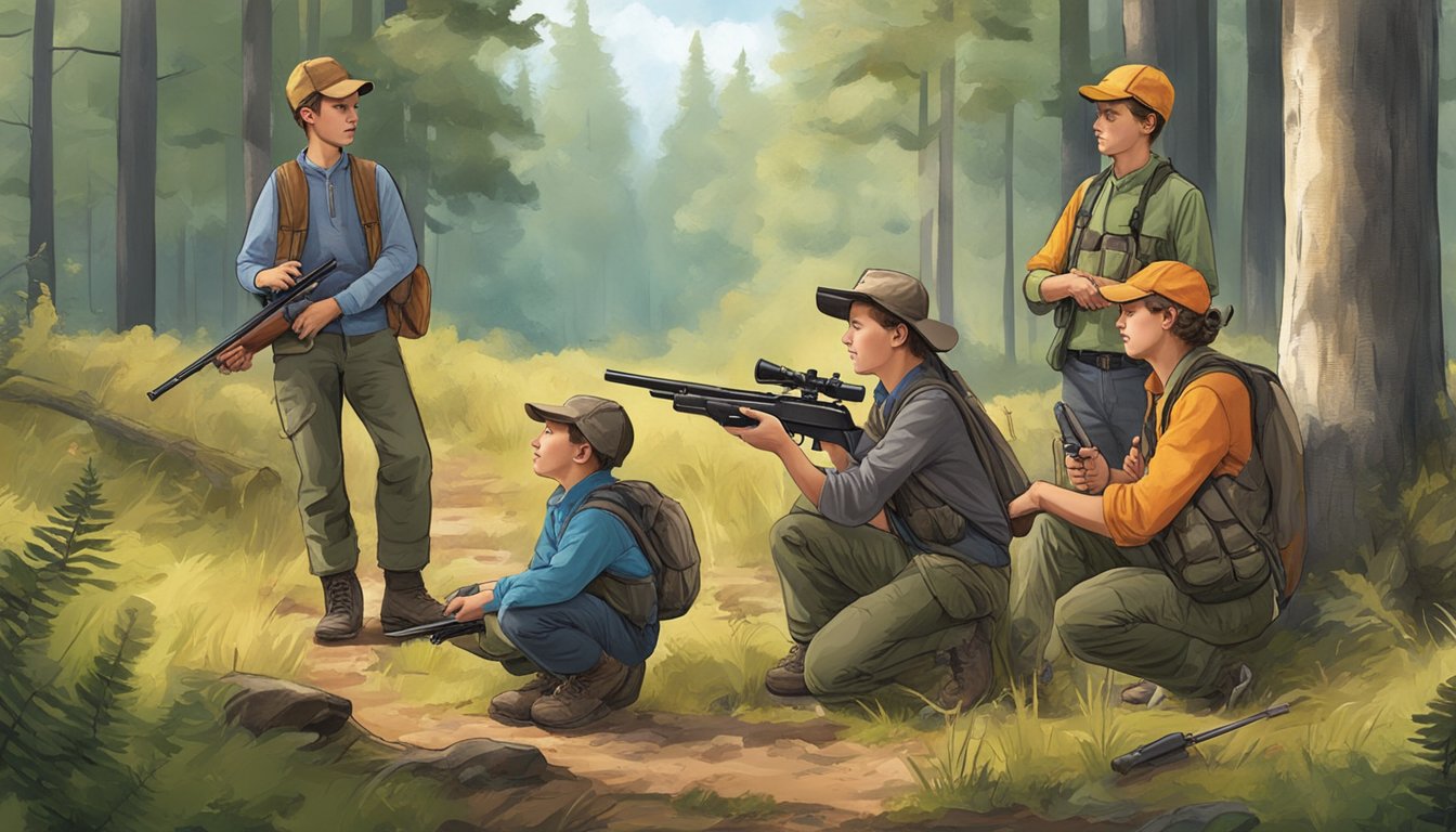 A group of young hunters, supervised by adults, learning about gun safety and wildlife conservation in a forest clearing