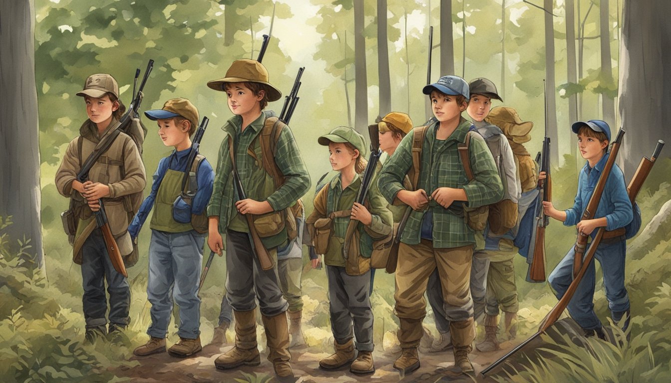 A group of young hunters, ranging in age from 10 to 17, are gathered in a wooded area with their gear, eagerly preparing for a youth hunt