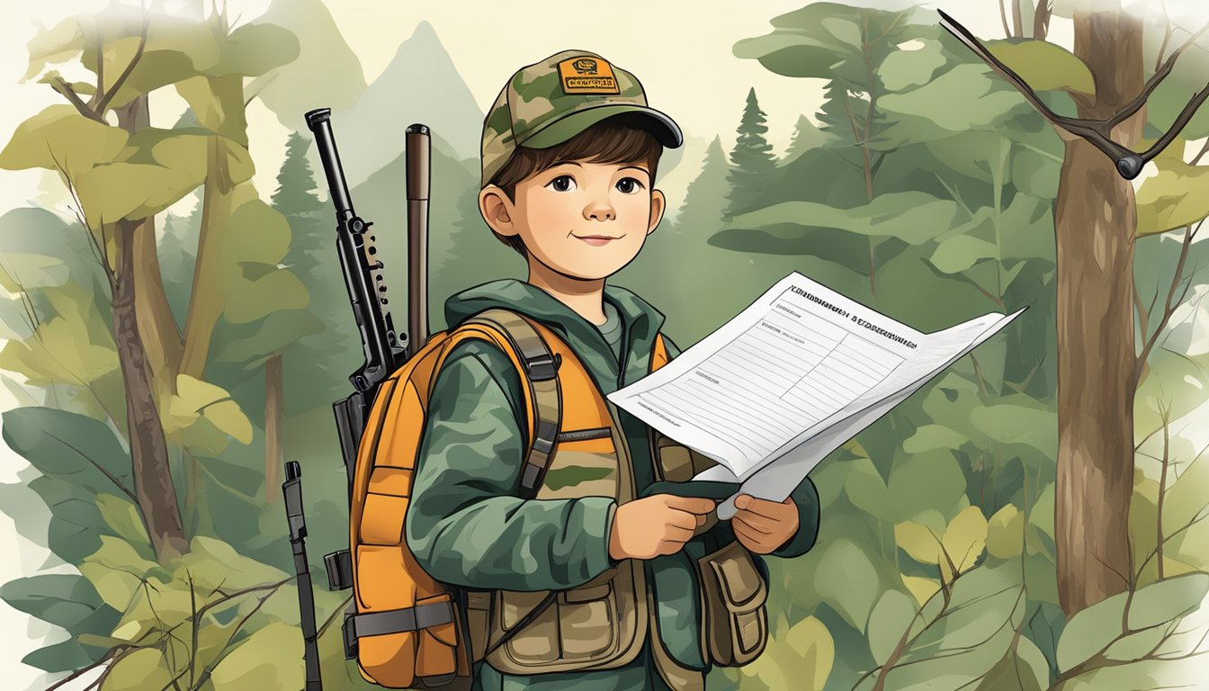 A child holding a hunting license application form, surrounded by a hunter safety manual, a rifle, and camouflage gear