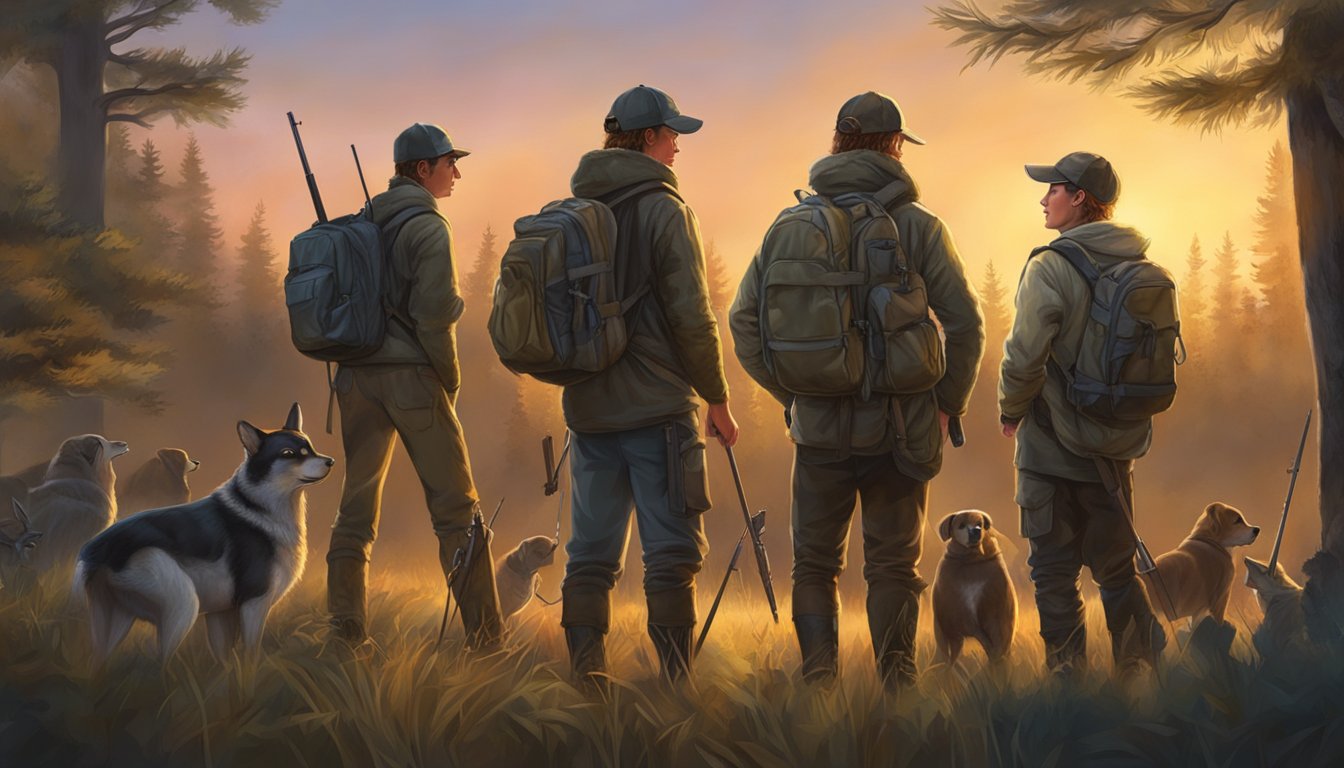 A group of young hunters gather with their gear, eager to begin their first hunt in the early morning light