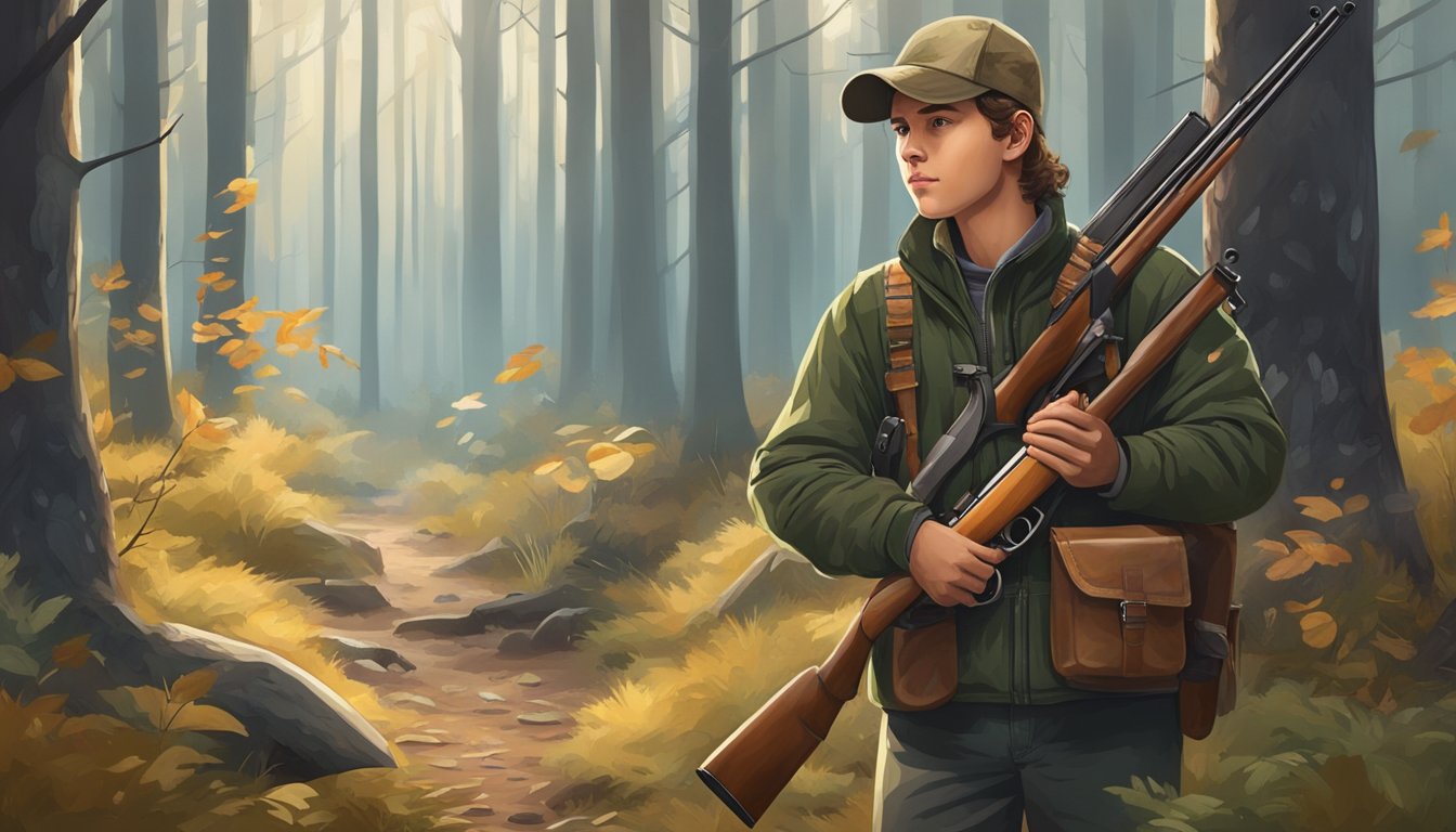 A young hunter holding a shotgun, standing in a forest clearing with a variety of game and trapping equipment scattered around