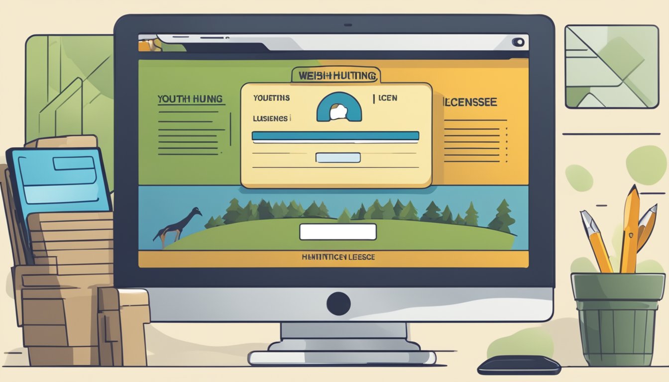 A computer screen displaying a website with a "Youth Hunting License" section, a credit card, and a young person's personal information ready to be entered