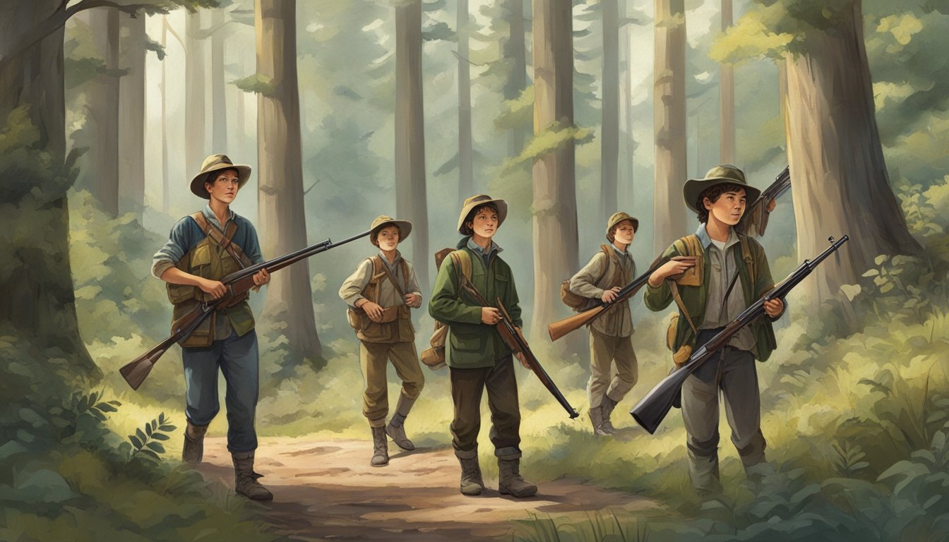 A group of young hunters, accompanied by adults, are seen in a forest setting, carrying hunting gear and rifles. The young hunters appear to be between the ages of 12 and 16