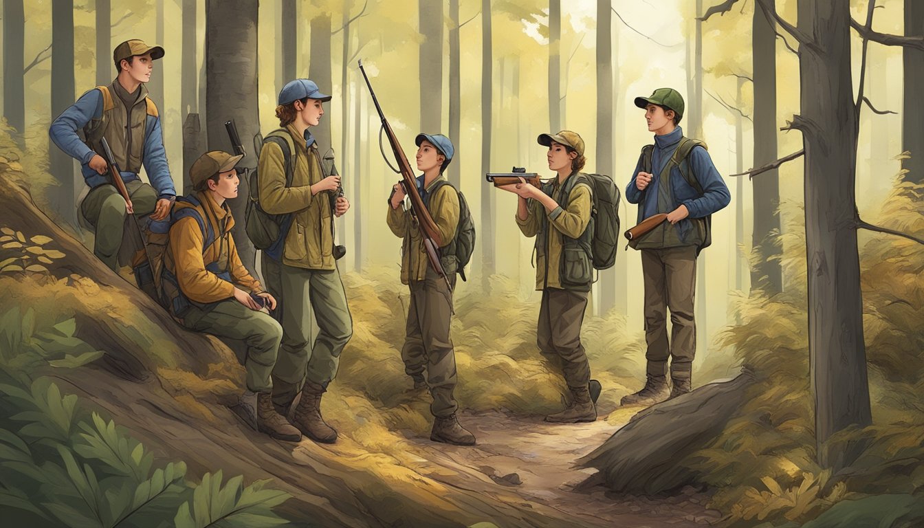 A group of young hunters, ages varying, in a forest during a special youth hunting season