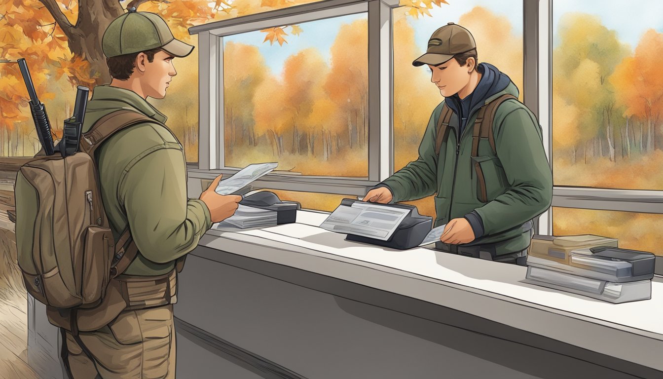 A young hunter purchasing a license at a wildlife office counter in autumn