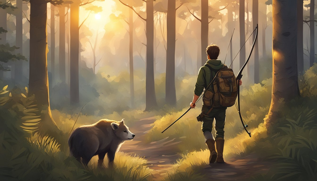 A young hunter walks through a forest, carrying a bow and a freshly caught animal, while the sun sets in the background