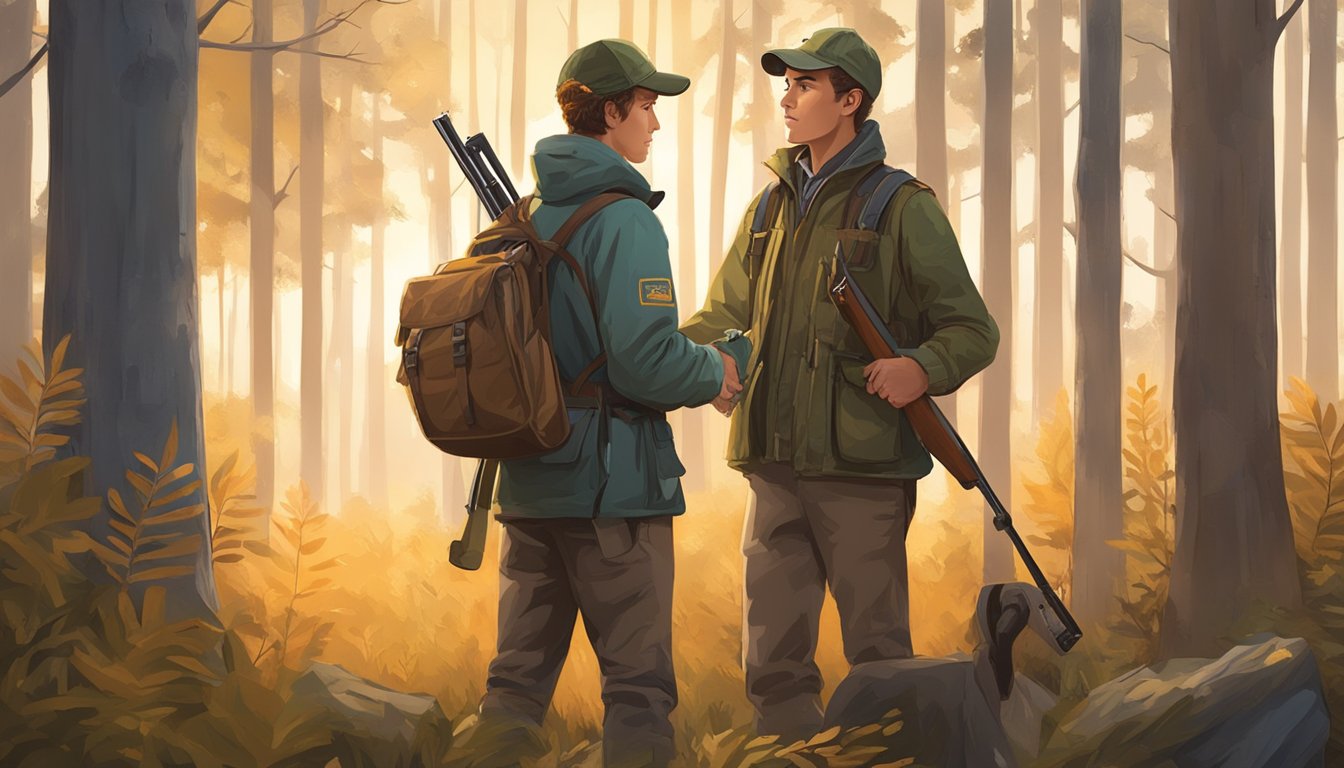 A young hunter holding a rifle, standing in a forest clearing with a hunting license pinned to their jacket. Sunrise casts a warm glow