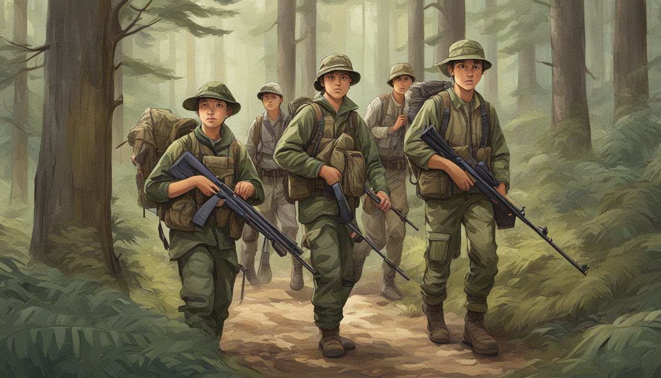 A group of young hunters, accompanied by adults, are seen in a forest, carrying rifles and wearing camouflage gear. They appear eager and focused as they prepare for the hunting season