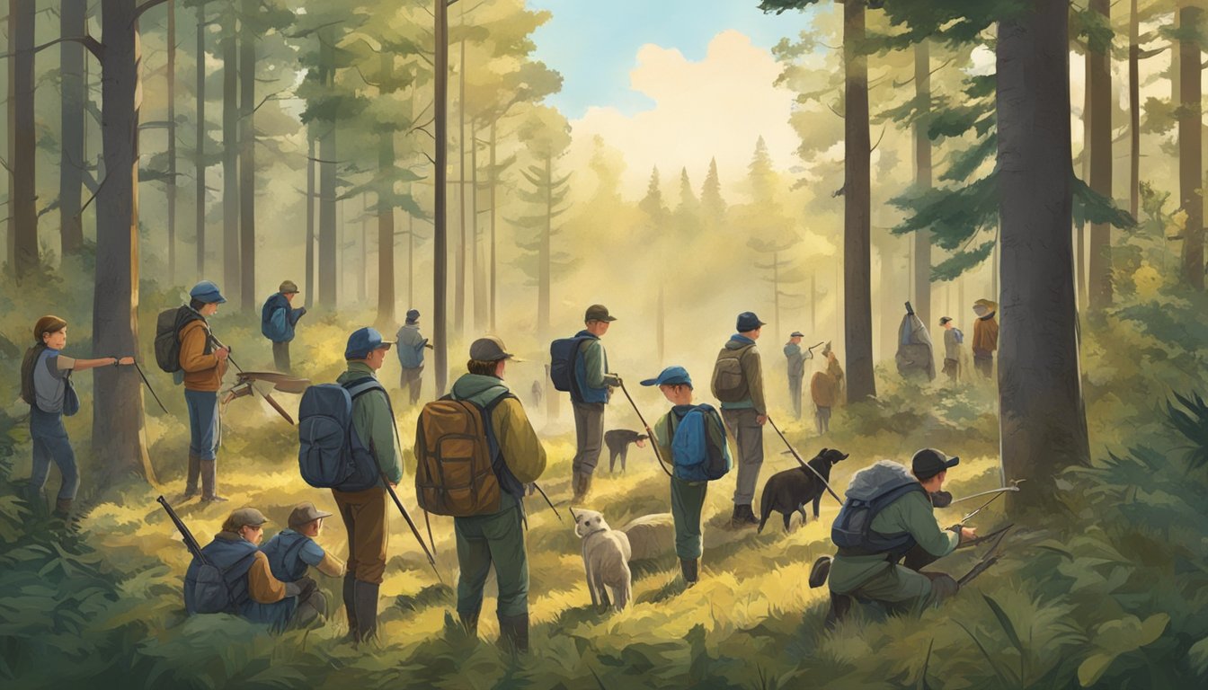 A group of young hunters, accompanied by adults, prepare their gear in a forest clearing. Signs nearby indicate the start date for youth hunting season