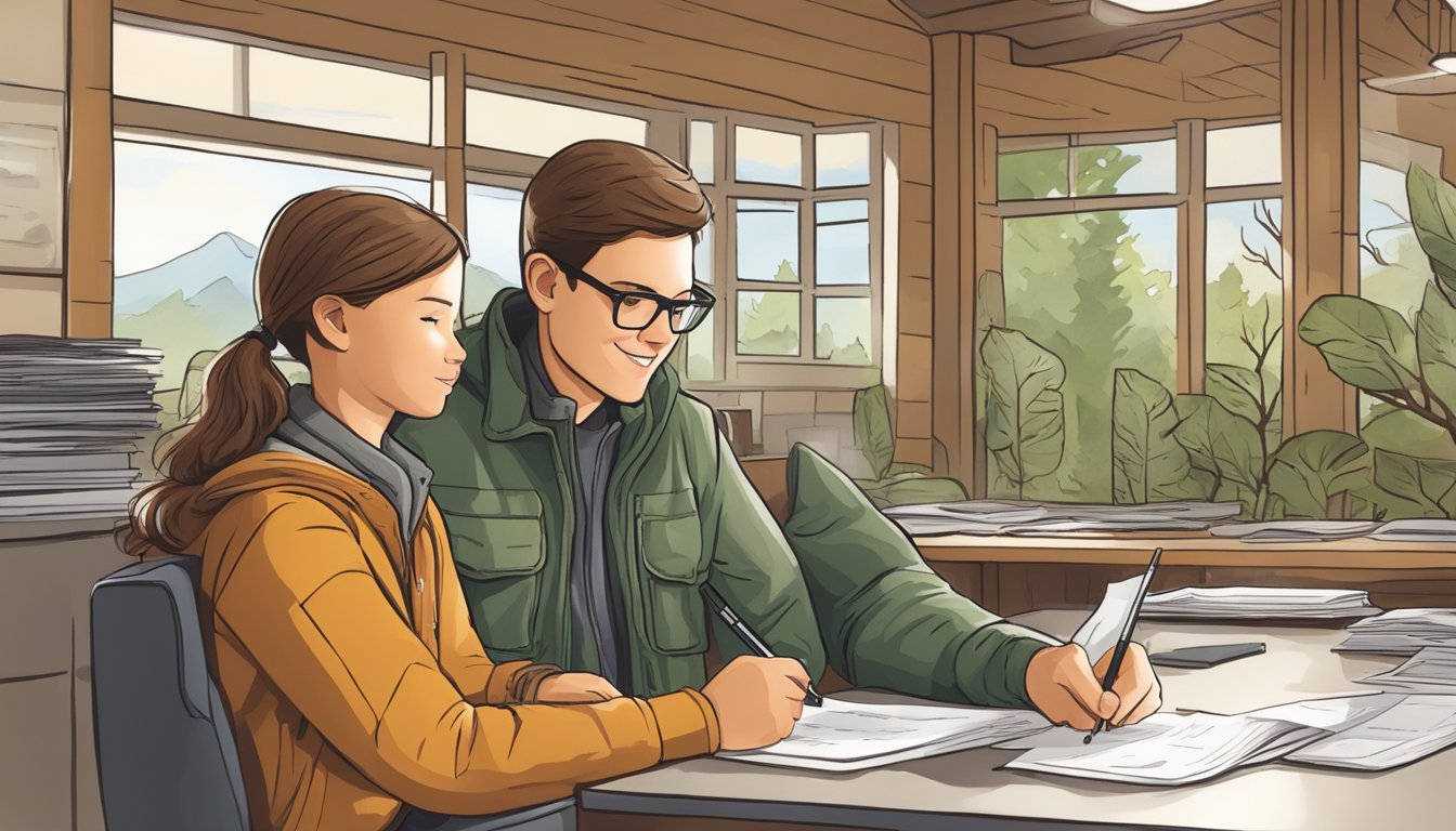 A young person with a parent at a wildlife office, filling out paperwork for a youth hunting license