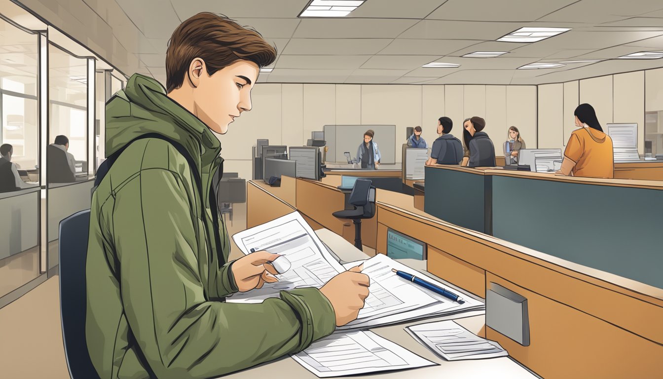 A young person filling out a hunting license application at a government office counter