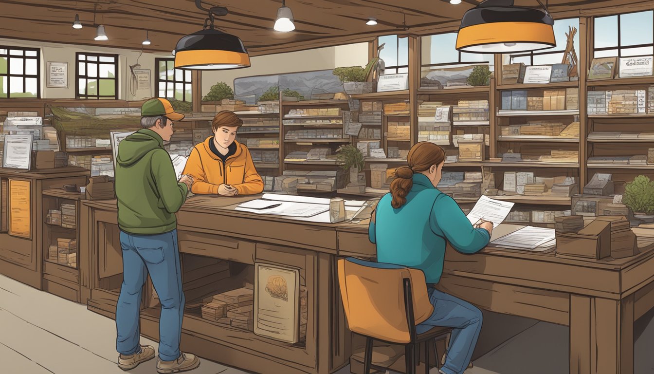 A young person filling out a hunting license application at a local outdoor store, while a friendly clerk assists them